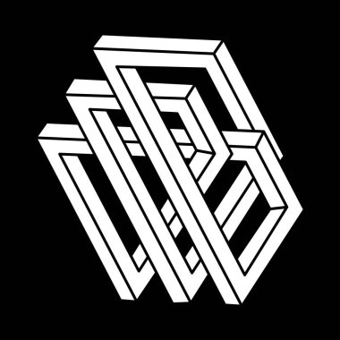 İmkansız şekiller. Soyut sonsuz geometrik nesne. İmkansız sonsuz özet. Escher tarzı. Siyah arka planda imkansız geometri sembolü. Optik yanılsama figürleri.