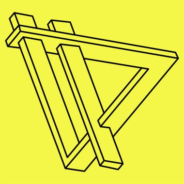 İmkansız şekiller. Kutsal geometri. Optik illüzyon figürü. Soyut sonsuz geometrik nesne. İmkansız sonsuz ana hat üçgeni. Operasyon sanatı. Sarı arka planda imkansız geometri şekli. Satır sanatı.