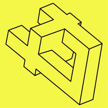 İmkansız bir şekil. Kutsal geometri. Optik illüzyon şekli. Soyut sonsuz geometrik nesne. İmkansız sonsuz taslak figürü. Optik sanat. Sarı arka planda imkansız geometri şekli. Satır sanatı