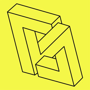 İmkansız şekiller. Kutsal geometri figürü. Optik yanılsama. Soyut sonsuz geometrik nesne. İmkansız sonsuz özet. Optik sanat. Sarı arka planda imkansız geometri şekli.