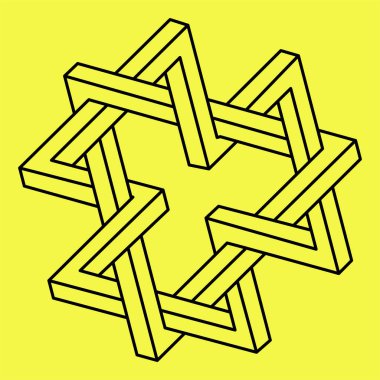 İmkansız şekiller. Kutsal geometri. Optik yanılsama. Soyut sonsuz geometrik nesne. İmkansız sonsuz ana hat üçgeni. Optik sanat. Sarı arka planda imkansız geometri şekli. Satır sanatı.