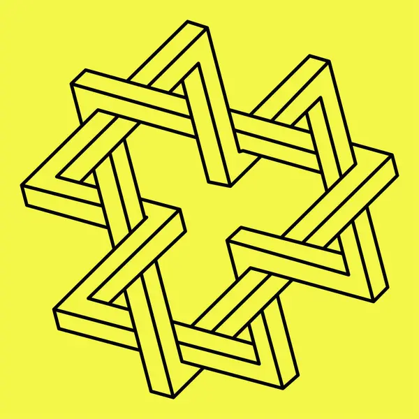 İmkansız şekiller. Kutsal geometri. Optik yanılsama. Soyut sonsuz geometrik nesne. İmkansız sonsuz ana hat üçgeni. Optik sanat. Sarı arka planda imkansız geometri şekli. Satır sanatı.