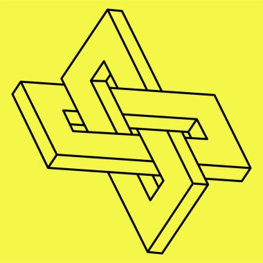 İmkansız şekiller. Kutsal geometri. Optik yanılsama. Soyut sonsuz geometrik nesne. İmkansız sonsuz özet. Çizgi çalışması. Operasyon sanatı. Sarı arka planda imkansız geometri şekli.