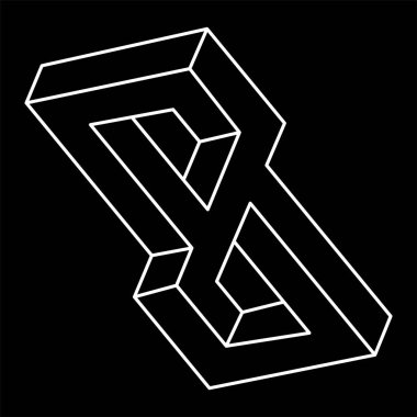 Optik yanılsama objeleri, imkansız figür, siyah arka planda beyaz çizgiler, optik sanat. Geometrik şekiller. 