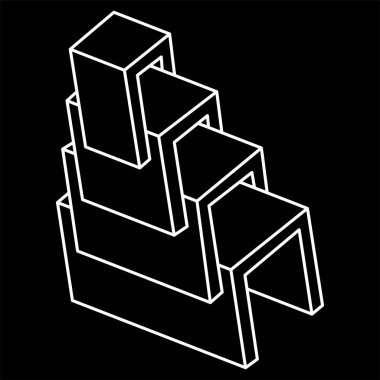 İmkansız bir şekil. Kutsal geometri figürü. Optik yanılsama. Soyut sonsuz geometrik nesne. İmkansız sonsuz ana hat üçgeni. Operasyon sanatı. Siyah arka planda imkansız geometri sembolü. Satır sanatı.