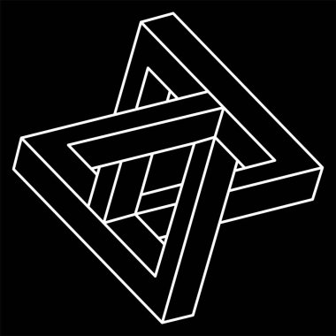 İmkansız şekiller. Kutsal geometri figürleri. Optik yanılsama elementi. Soyut sonsuz geometrik nesne. İmkansız sonsuz özet. Çizgi çalışması. Operasyon sanatı. Siyah bir arkaplanda imkansız geometri şekli.