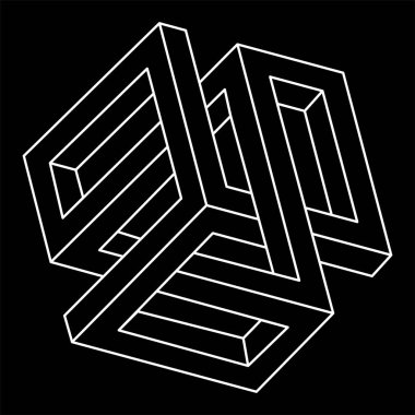 İmkansız şekiller. Kutsal geometri. Optik illüzyon figürleri. Soyut sonsuz geometrik nesne. İmkansız sonsuz özet. Çizgi çalışması. Optik sanat. Siyah bir arkaplanda imkansız geometri şekli.