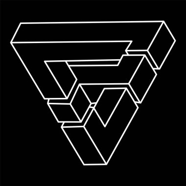 İmkansız şekiller. Çizgi tasarımı. Siyah bir arka planda izole edilmiş. Vektör çizimi. Optik yanılsama objeleri. Optik sanat üçgeni. Kutsal geometri figürleri. 