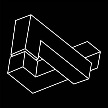 Optik illüzyon şekilleri, imkansız figür, siyah arka planda beyaz çizgiler, optik sanat objesi. Satır sanatı. 