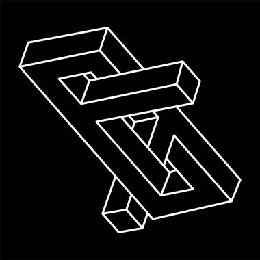 İmkansız şekiller. Kutsal geometri. Optik yanılsama. Soyut sonsuz geometrik nesneler. İmkansız sonsuz özet. Operasyon sanatı. Siyah arka planda imkansız geometri sembolü. Çizgi çalışması. Escher tarzı.