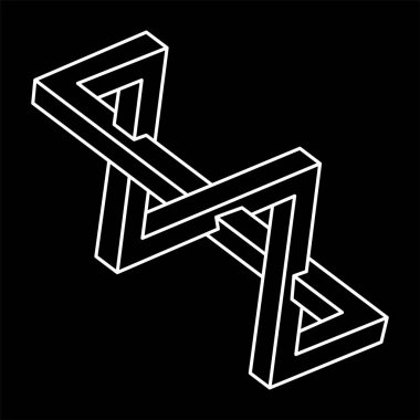 İmkansız bir şekil. Kutsal geometri. Optik yanılsama. Soyut sonsuz geometrik nesne. İmkansız sonsuz özet. Operasyon sanatı. Siyah arka planda imkansız geometri sembolü. Escher tarzı. Satır sanatı.