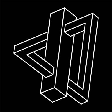 Escher tarzı. İmkansız şekiller. Çizgi tasarımı. Siyah bir arka planda izole edilmiş. Vektör çizimi. Optik yanılsama objeleri. Optik sanat üçgeni. Geometrik şekiller. 