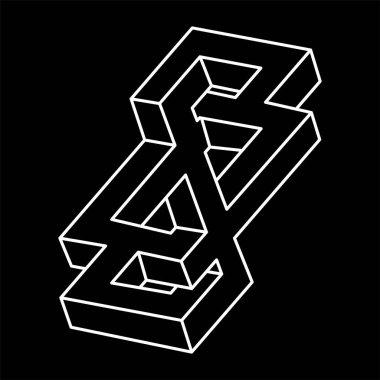 Optik yanılsama, imkansız figür, siyah arka planda beyaz çizgiler, optik sanat. Escher tarzı. Gerçekdışı geometrik şekiller. 