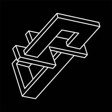 İmkansız şekiller. Escher tarzı. Kutsal geometri. Optik yanılsama. Soyut sonsuz geometrik nesne. İmkansız sonsuz özet. Çizgi çalışması. Operasyon sanatı. Siyah bir arkaplanda imkansız geometri şekli.