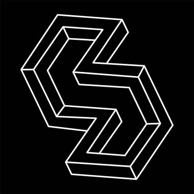 Optik yanılsama şekli, imkansız figür, siyah arka planda beyaz çizgiler, optik sanat objesi. Escher tarzı. 