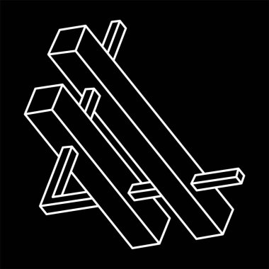 İmkansız bir şekil. Kutsal geometri figürü. Optik yanılsama. Soyut sonsuz geometrik nesne. İmkansız sonsuz ana hatları. Operasyon sanatı. Siyah arka planda imkansız geometri şekli. Satır sanatı.