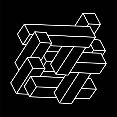 İmkansız nesneler. Optik illüzyon şekilleri. 3 boyutlu çizim vektörü. Gerçekdışı geometrik şekiller. Optik sanat şekli. Satır sanatı. 