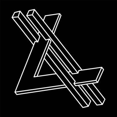 İmkansız şekiller. Kutsal geometri figürleri. Optik yanılsama. Soyut sonsuz geometrik nesneler. İmkansız sonsuz ana hatları. Operasyon sanatı. Siyah arka planda imkansız geometri şekli. Satır sanatı.