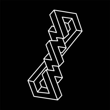 İmkansız bir şekil. Kutsal geometri figürleri. Optik yanılsama. Soyut sonsuz geometrik nesne. İmkansız sonsuz özet. Optik sanat. Siyah arka planda imkansız geometri sembolü. Satır sanatı. 