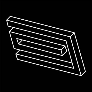 Optik illüzyon objesi, imkansız figür, siyah arka planda beyaz çizgiler, optik sanat şekli. Escher tarzı. Geometrik şekiller. 