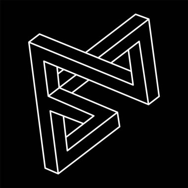 Optik yanılsama şekli, imkansız figürler, siyah arka planda beyaz çizgiler, optik sanat objesi. Escher tarzı. Geometrik şekiller. 