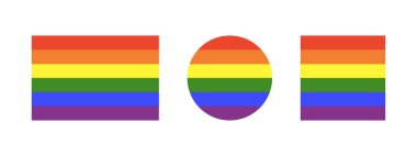 Gökkuşağı bayrağı arkaplanı. Eşcinsel gurur çerçeveleri. İlerleme Logosu arkaplanlarını simgeler. LGBT çemberi, kare simgeler. Gökkuşağı renklerinde çıkartma desenleri. Yuvarlak, dikdörtgen rozet, düğme şablonları.