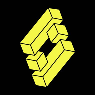 İmkansız şekiller. Optik yanılsama. Doğrusal sonsuz nesne. Soyut sonsuz geometrik figür. İmkânsız geometri tabelaları, siyah arkaplan. Optik sanat. Escher tarzı.