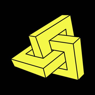 İmkansız bir şekil. Kutsal geometri. Optik illüzyon figürü. Soyut sonsuz geometrik nesne. İmkansız sonsuz dış hat şekli. Siyah arka planda imkansız geometri şekli. Çizgi çalışması. Escher tarzı