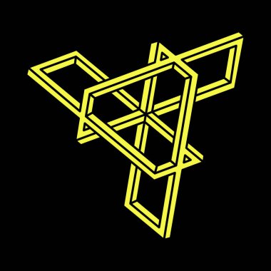 Escher tarzı. İmkansız şekiller. Kutsal geometri. Optik illüzyon figürü. Soyut sonsuz geometrik nesne. İmkansız sonsuz ana hatları. Operasyon sanatı. Siyah bir arkaplanda imkansız geometri şekli 