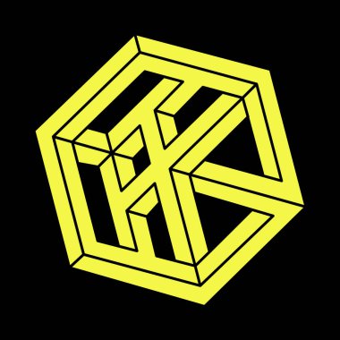 Optik illüzyon şekilleri. Soyut sonsuz geometrik nesneler. İmkansız sonsuz özet. Optik sanat. Siyah arka planda imkansız geometri şekli. Escher paradoksu.