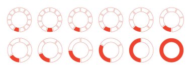 Daireler bölünmüş diyagramlar 1, 2, 3, 10, 7, 8, 9, 10, 11, 12 eşit parçalar. Grafik turtası, pizza şekilli bölüm çizelgeleri. Boş düz şablon çalıştırılıyor. Kırmızı segmentler tekerlek bölünmüş bilgi kümesi.