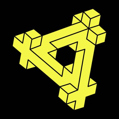 Optik yanılsama. Soyut sonsuz geometrik nesneler. İmkansız sonsuz ana hatları. Optik sanat. Siyah arka planda imkansız geometri şekli. Escher paradoksu.