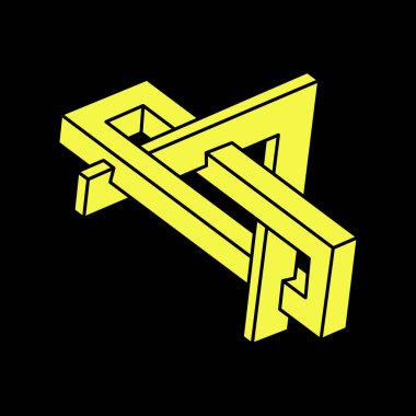 Optik illüzyon figürleri. Escher tarzı. İmkansız şekiller. Kutsal geometri. Soyut sonsuz geometrik nesneler. Optik sanat. Siyah bir arkaplanda imkansız geometri şekli.