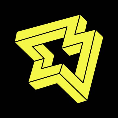 Optik yanılsama objeleri. Geometrik şekiller. Escher tarzı. İmkansız şekiller. Çizgi tasarımı. Siyah bir arka planda izole edilmiş. Vektör çizimi. Optik sanat. 