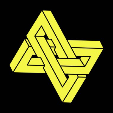 Optik yanılsama. İmkansız şekiller. Kutsal geometri. Soyut sonsuz geometrik nesne. İmkansız sonsuz özet. Optik sanat. Siyah arka planda imkansız geometri sembolü. Escher tarzı.