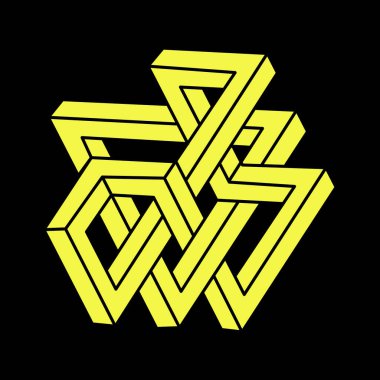 Optik illüzyon figürü. İmkansız bir şekil. Kutsal geometri. Soyut sonsuz geometrik nesneler. İmkansız sonsuz dış hat şekli. Operasyon sanatı. Siyah arka planda imkansız geometri şekli. Escher tarzı.