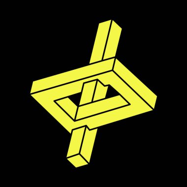 Optik yanılsama. Escher tarzı. İmkansız şekiller. Doğrusal sonsuz nesne. Soyut sonsuz geometrik şekiller. İmkânsız geometri tabelaları, siyah arkaplan. Optik sanat.