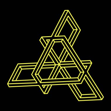 İmkansız şekiller. Kutsal geometri figürü. Optik yanılsama. Soyut sonsuz geometrik nesneler. İmkansız sonsuz ana hatları. Operasyon sanatı. Siyah arka planda imkansız geometri şekli. Satır sanatı.