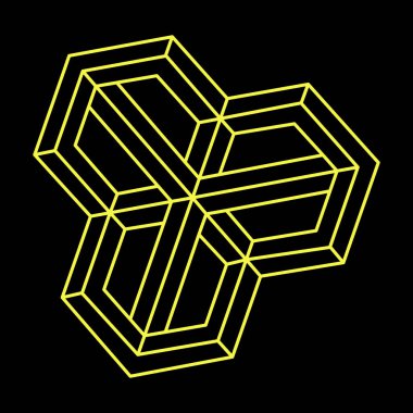 İmkansız şekiller. Kutsal geometri. Optik yanılsama. Soyut sonsuz geometrik nesne. İmkansız sonsuz özet. Çizgi çalışması. Optik sanat. Siyah bir arkaplanda imkansız geometri şekli.