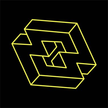 İmkansız şekiller. Kutsal geometri. Optik illüzyon figürü. Soyut sonsuz geometrik nesne. İmkansız sonsuz özet. Çizgi çalışması. Siyah arka planda imkansız geometri şekli. Optik sanat.