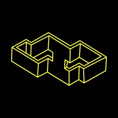 İmkansız şekiller. Kutsal geometri. Optik illüzyon figürü. Soyut sonsuz geometrik nesneler. İmkansız sonsuz ana hatları. Optik sanat. Siyah bir arkaplanda imkansız geometri şekli.