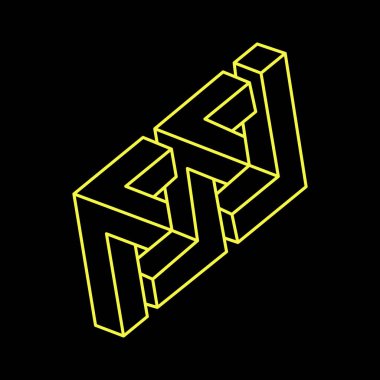 İmkansız şekiller. Kutsal geometri figürü. Optik yanılsama. Soyut sonsuz geometrik nesne. İmkansız sonsuz özet. Optik sanat. Siyah arka planda imkansız geometri sembolü. Satır sanatı.