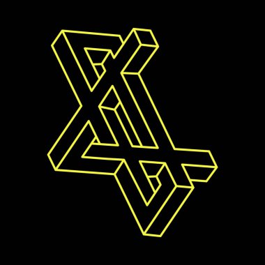 İmkansız şekiller. Kutsal geometri. Optik illüzyon figürü. Soyut sonsuz geometrik nesneler. İmkansız sonsuz ana hatları. Siyah arka planda imkansız geometri şekli. Optik sanat.