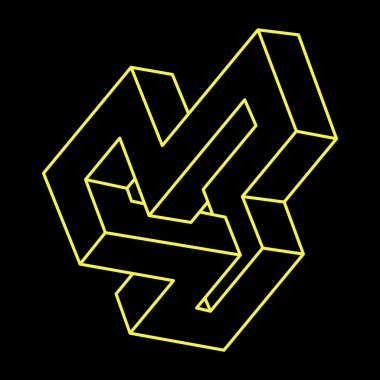 İmkansız şekiller. Optik illüzyon figürü. Soyut sonsuz geometrik nesne. İmkansız sonsuz özet. Siyah arka planda imkansız geometri sembolü. Optik sanat.