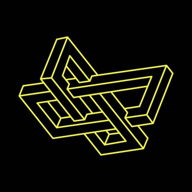 İmkansız şekiller. Optik yanılsama. Doğrusal sonsuz nesne. Soyut sonsuz geometrik figür. İmkânsız geometri tabelaları, siyah arkaplan. Optik sanat. 