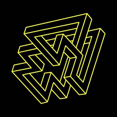 İmkansız şekiller. Kutsal geometri figürleri. Optik yanılsama. Soyut sonsuz geometrik nesne. İmkansız sonsuz özet. Çizgi çalışması. Optik sanat. Siyah bir arkaplanda imkansız geometri şekli.