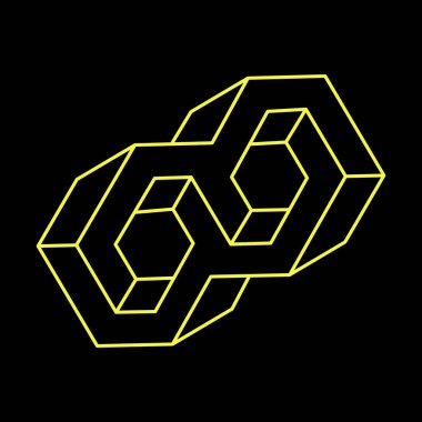 Escher tarzı. İmkansız şekiller. Optik yanılsama. Soyut sonsuz geometrik nesne. İmkansız sonsuz özet. Siyah arka planda imkansız geometri sembolü. Optik sanat.