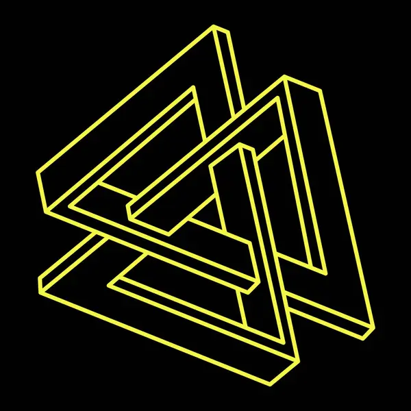 İmkansız şekiller. Optik yanılsama. Doğrusal sonsuz nesneler. Soyut sonsuz geometrik şekiller. İmkânsız geometri tabelaları, siyah arkaplan. Optik sanat. Escher tarzı.