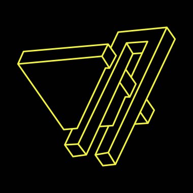 İmkansız şekiller. Kutsal geometri. Optik illüzyon figürleri. Soyut sonsuz geometrik nesneler. İmkansız sonsuz ana hatları. Operasyon sanatı. Siyah arka planda imkansız geometri şekli. Satır sanatı.