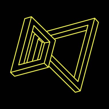 İmkansız şekiller. Kutsal geometri. Optik illüzyon figürü. Soyut sonsuz geometrik nesne. İmkansız sonsuz dış hat şekli. Operasyon sanatı. Siyah arka planda imkansız geometri şekli. Escher tarzı.